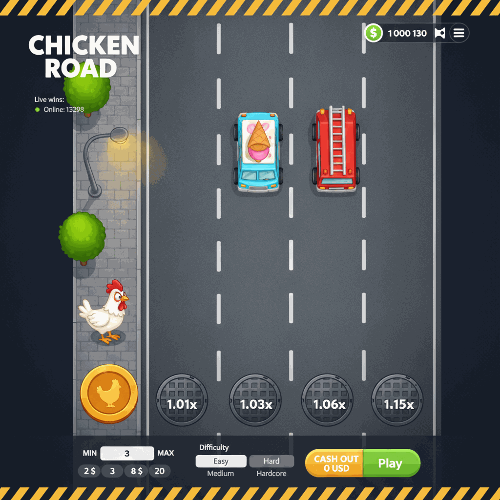 Chicken Road gioco crash di InOut: una gallina bianca attraversa una strada a più corsie con auto in movimento, ogni corsia superata aumenta il moltiplicatore fino a 20000 di vincita massima